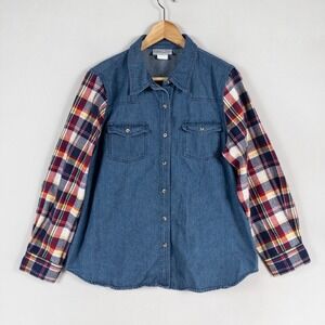 Country Store Shirt Womens Large Blue Red Denim Plaid Mixed Media Western Rustic